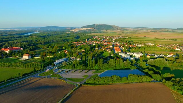 Aerial View Of Rural Fields Near The Petronell-Carnuntum Community In Austria.