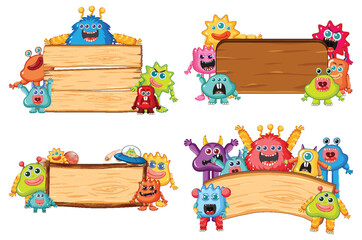 Obraz premium Cute Alien Monsters Cartoon Next to Wooden Frame