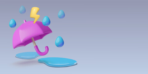 3D Monsoon background with copy space, umbrella, raindrops, puddles and lightning bolt. Rain season horizontal weather banner creative design.