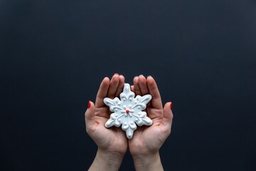 Christmas gingerbread in female hands, top view.