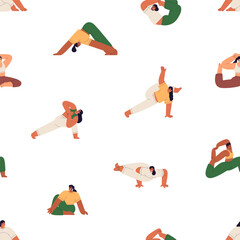 Naklejka premium Yoga exercises, seamless pattern design. Women in different asanas, flexible poses, endless background. Repeating sports print, girl in stretching postures. Colored flat vector illustration for fabric