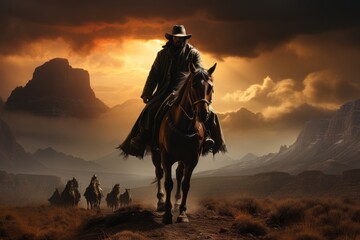 Cowboy and his horse framed by a majestic mountain backdrop, Generative AI - obrazy, fototapety, plakaty