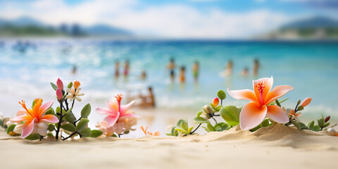 Tropical hibiscus flowers on the beach with people bathing in the sea in the background. Generative Ai - obrazy, fototapety, plakaty