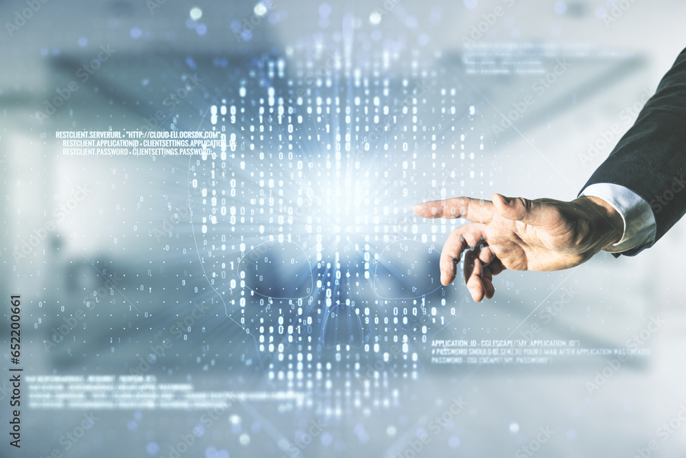 Leinwandbilder man hand working with abstract virtual code skull illustration on blurred office background. hacking