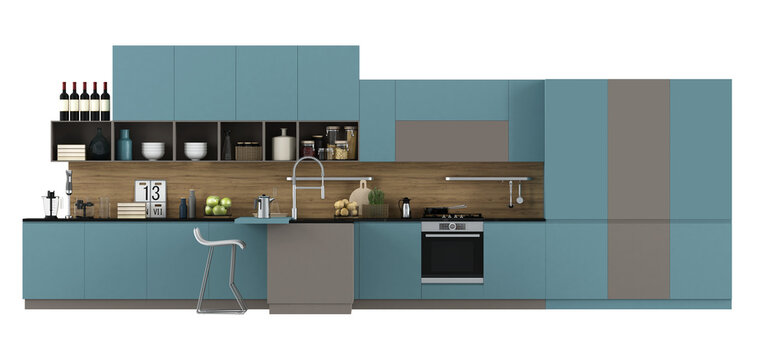 Modern blue and brown kitchen isolated on white background - 3d rendering