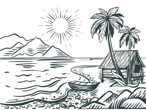 Boat on sea coast sketch. Ocean shore with palm trees and hut. Beach holiday in nature sunny day. Tropical island landscape, ink hand engraving vector illustration