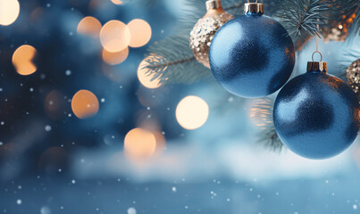 Obraz na płótnie Canvas Dark blue Christmas tree decorations and festive lights in blurred bokeh background. copy space. digital AI