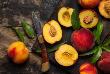 Naklejka na ściany i meble Fresh ripe peaches, close up