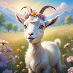 Cute goat, happy goat with flowers. Goat in full growth in the meadow. AI generative image.