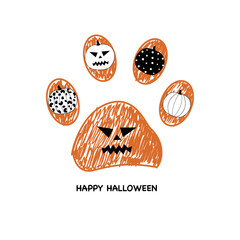 Doddle paw print with pumpkins. Happy Halloween fabric design 