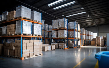 warehouse with shelves with goods catons and pallets daylight,Logistic and transportation concept