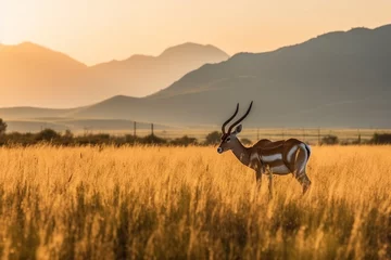 Foto op Plexiglas Antilope Antelope_grazing_on_grass_in_a_field_with_mo