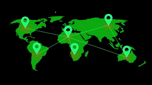 Colorful location icon on world map different information black background. motion graphics. 