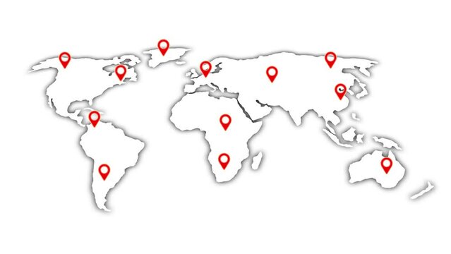 Colorful location icon on world map different information black background. motion graphics.  