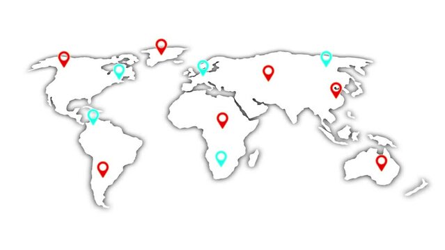 Colorful location icon on world map different information black background. motion graphics.  