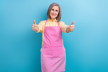 Portrait of friendly positive aged lady beaming smile arms fingers demonstrate thumb up isolated on...