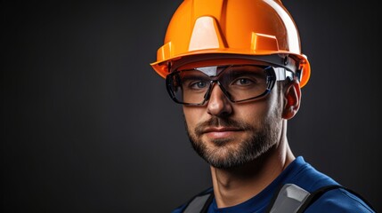 Portrait male industrial engineer or mechanical wearing safety equipment, blue hard hat and transparent goggles on dark background. - obrazy, fototapety, plakaty