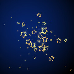Fototapeta premium Starry night fairy tale background. Cute sparkling twinkles, christmas spirit in the air. Festive stars vector illustration on dark blue background.