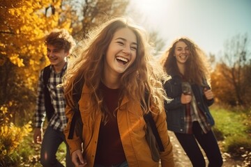 Fototapeta premium Young and joyful friends, filled with happiness, are seen taking a leisurely and delightful autumn walk together, surrounded by the vibrant and colorful foliage of the season.