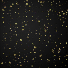 Gold sparkling star confetti. Chaotic dreamy childish overlay template. Festive stars vector illustration on black background.