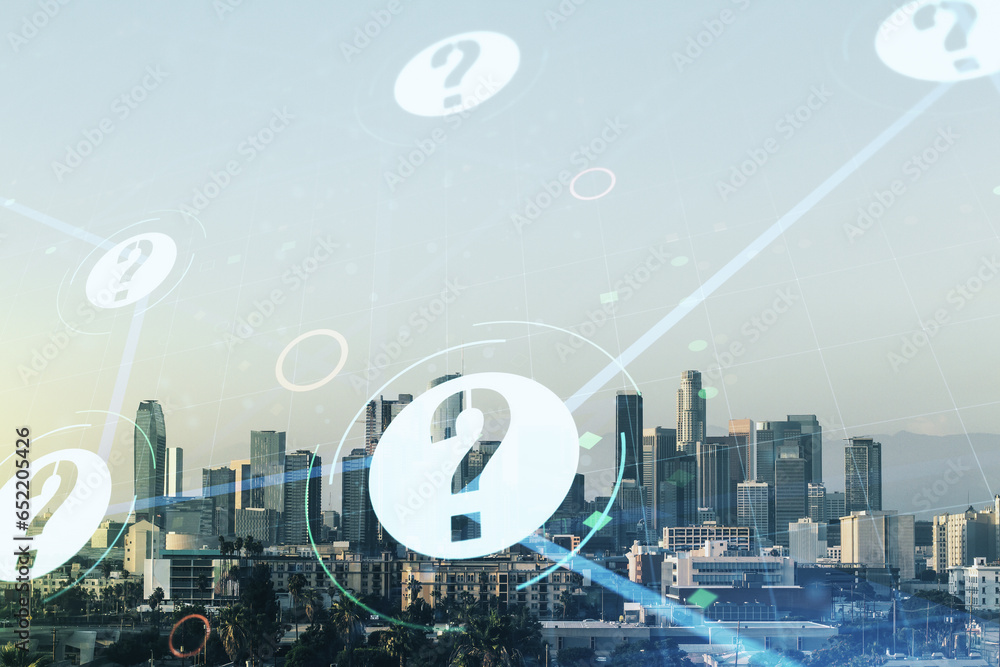 Aufkleber abstract virtual question mark illustration on los angeles skyline background. faq and search concep