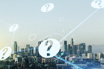 Abstract virtual question mark illustration on Los Angeles skyline background. FAQ and search...