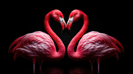 Close up of two flamingos touching making a heart shape. with over black background. To symbolize love and romance. Valentines Day Card 