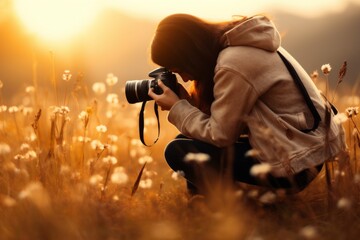 Side view professional European woman lady female girl photographer operator taking picture photo camera wild nature landscape. Flower field videographer recording video outdoors blurred film shoot - obrazy, fototapety, plakaty