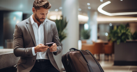 Businessman in hotel hallway with phone and baggage