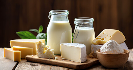 Selection of dairy products on rustic wood bacground