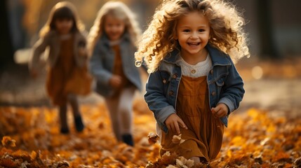 Beautiful little girls having fun with children in the autumn park on a sunny day - obrazy, fototapety, plakaty