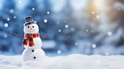 Fototapeta premium Snowman with red scarf and hat on snowy background. Christmas greeting card.