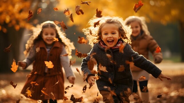 Three children happily enjoying playing among the falling autumn leaves in nature