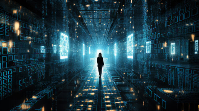 woman walking through a cyberspace corridor