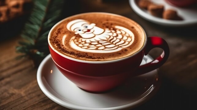 Cup of coffee latte art with christmas Santa Claus on wooden background