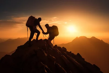 Fototapeten silhuette of hikers climbing the mountaine one is helping the other reach the top © World of AI