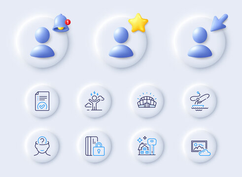 Difficult stress, Sports stadium and Blocked card line icons. Placeholder with 3d cursor, bell, star. Pack of Boat fishing, Psychology, Approved document icon. Vector