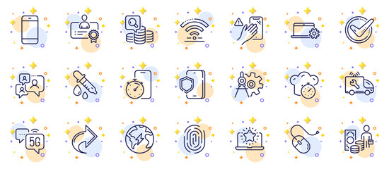 Outline set of Notebook service, Fingerprint and Certificate line icons for web app. Include Cogwheel dividers, Smartphone, Confirmed pictogram icons. Inspect, Computer mouse. Vector