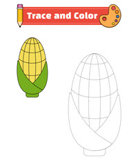 Corn. Trace and color for children, coloring page or book, Corn vector illustration. Isolated white background.