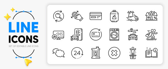 Credit card, Delivery notification and Report statistics line icons set for app include Renew card, Manual, Touchscreen gesture outline thin icon. 24 hours, Winner podium. Vector