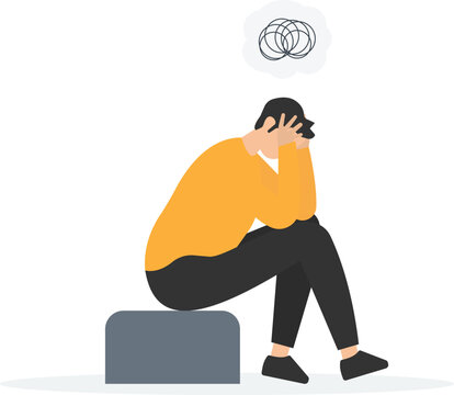 Regret on business mistake, Frustration or depressed, Stupidity or foolish losing all money, Stressed and anxiety on failure, Holding his head sitting alone on the chairs


