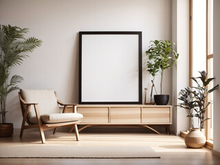 Interior of living room with empty poster, armchair and plants. Mock up, 3D Rendering.