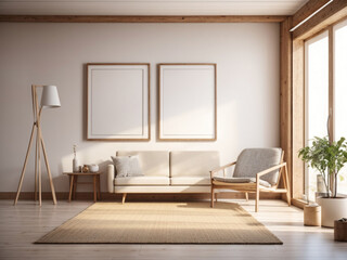 Mock up poster frame in Scandinavian style living room interior. 3d render.