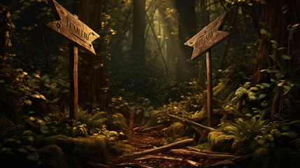 Wooden arrows road sign in the magic dark forest
