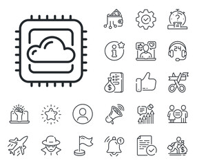 Internet data storage sign. Salaryman, gender equality and alert bell outline icons. Cloud computing cpu line icon. File hosting technology symbol. Cloud computing line sign. Vector
