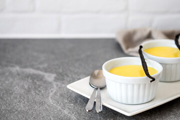 Homemade vanilla custard on gray stone. Copy space