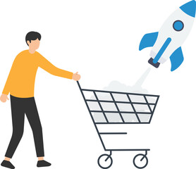 Boost sales and increase profit, Achieve sales target or develop growth, inflation and price, Shopping cart or trolley, Rocket booster flying high in the sky

