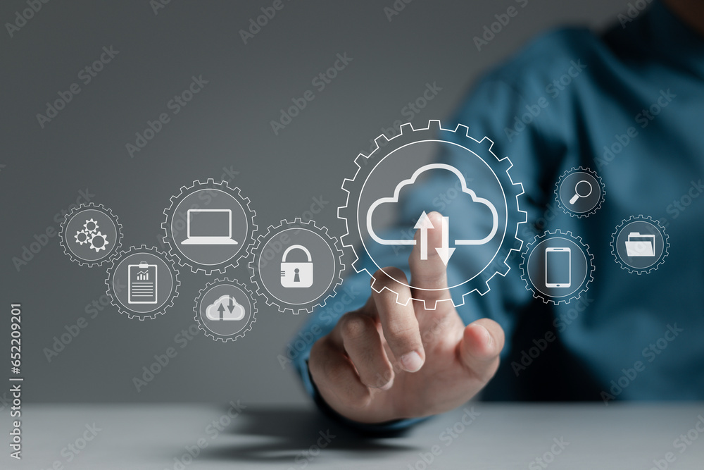 Aufkleber cloud technology concept. businessman shows cloud storage network technology icon, large network of 
