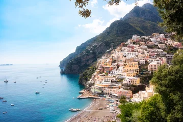 Glasbilder Strand von Positano, Amalfiküste, Italien Positano town on Amalfi coast in Italy