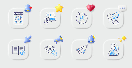 Paper plane, Dryer machine and Share call line icons. Buttons with 3d bell, chat speech, cursor. Pack of User info, Hold box, Bid offer icon. Technical info, Chemistry lab pictogram. Vector